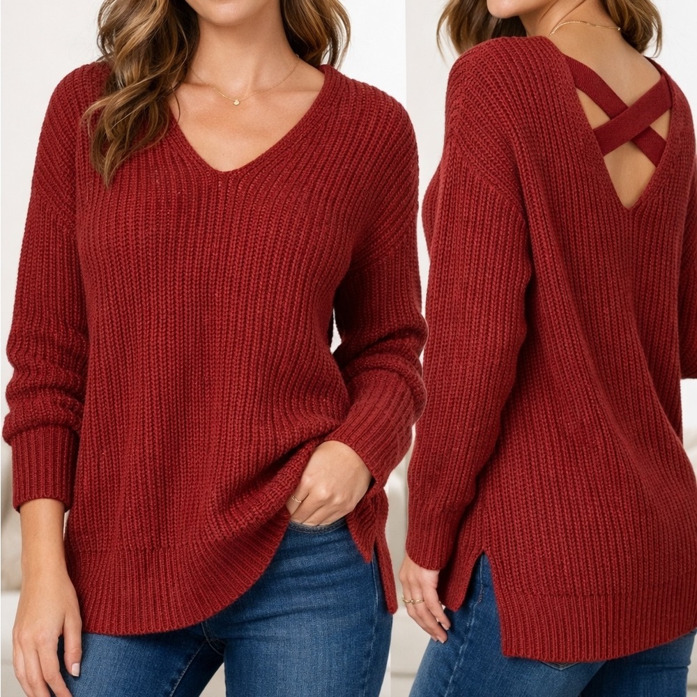 Pink Rose Red Criss Cross Back Chunky Knit Sweater V Neck Cozy Medium
